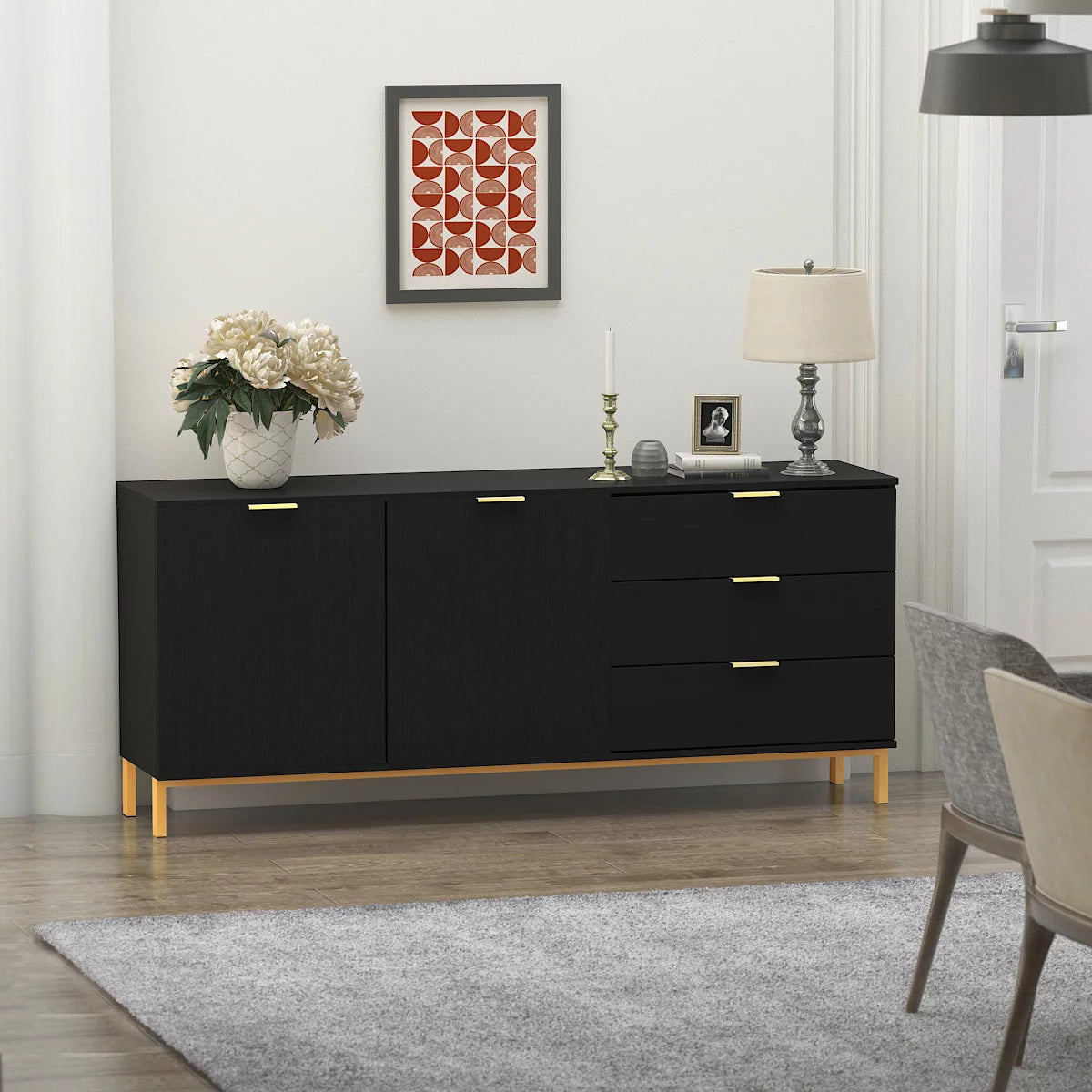 WIAWG 62.9" TV Console Table TV Stand Cabinet with Drawers for Living Room Black