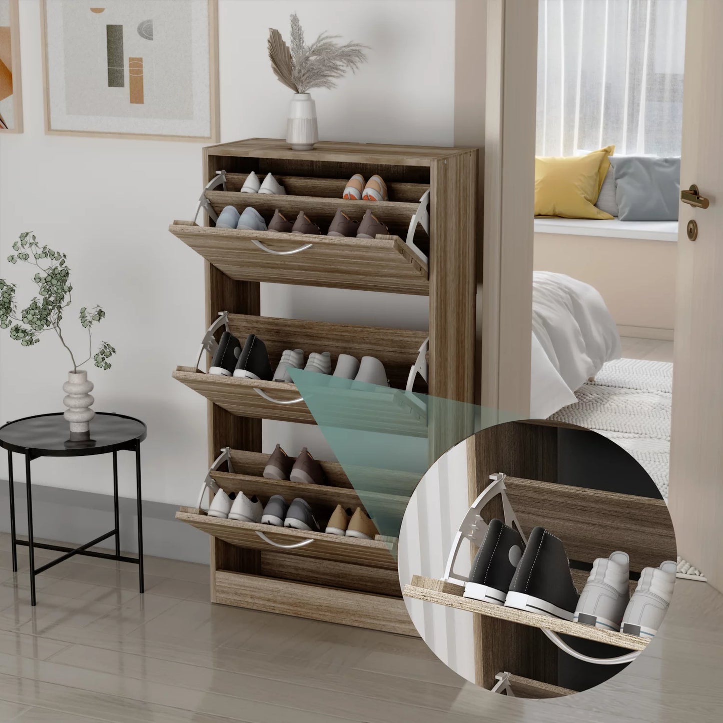 WIAWG Shoe Cabinet Wood Shoe Rack Storage Cupboard with 3 Tilt-out Doors Brown