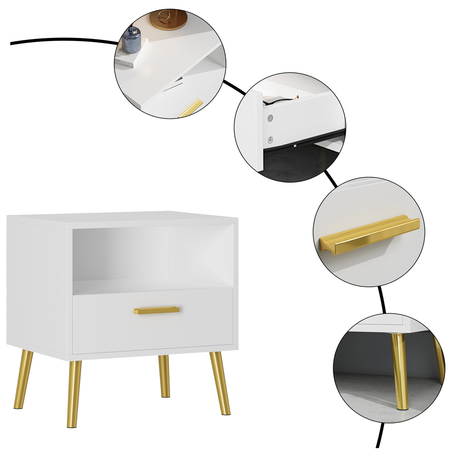 WIAWG Modern Nightstand for Bedroom Side Table with Drawer and Shelf White Set of 2
