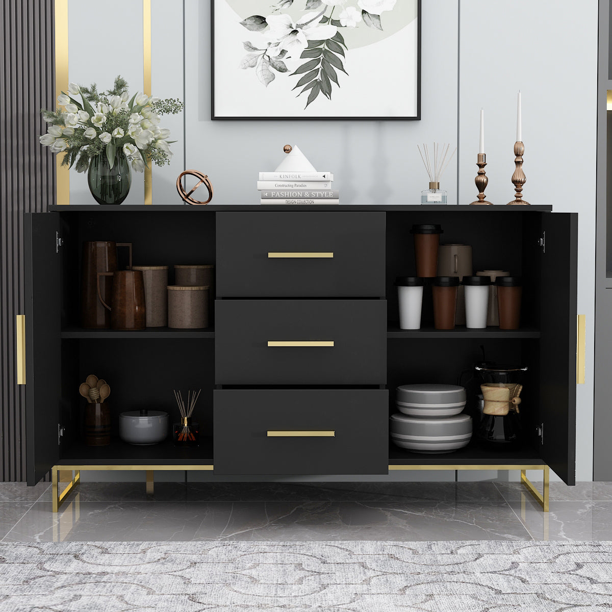 WIAWG Sideboard Buffet Cabinet with Drawers Storage Cabinets Black