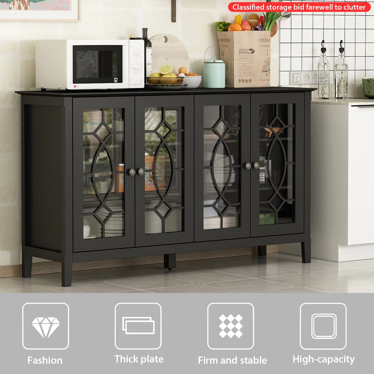 WIAWG Entertainment Center Black TV Stand Cabinet Sideboard with Glass Door