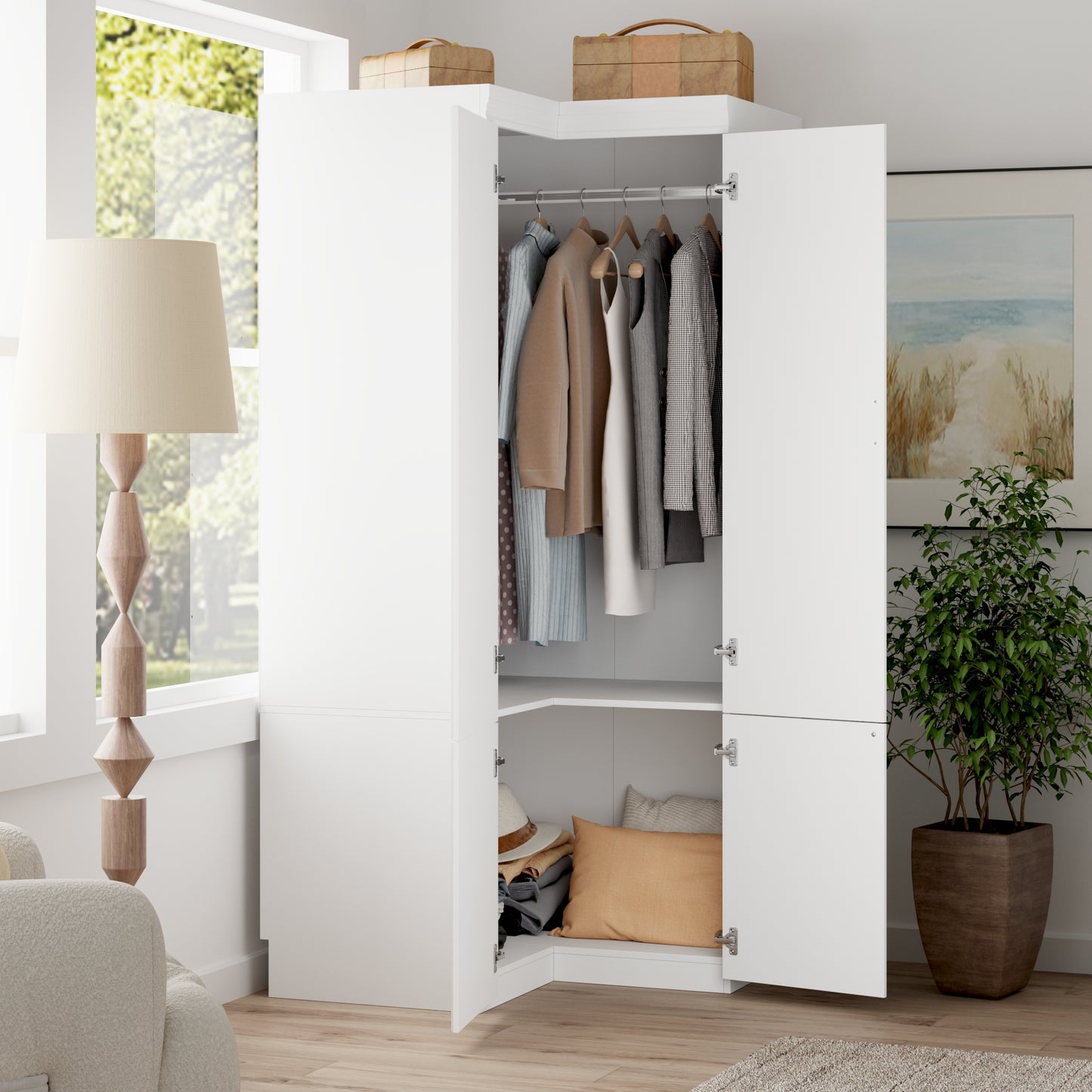 WIAWG Corner Wardrobe, Cabinet with 4-Tier Corner Display Case with Shelves, Cabinet with Metal Handles, White