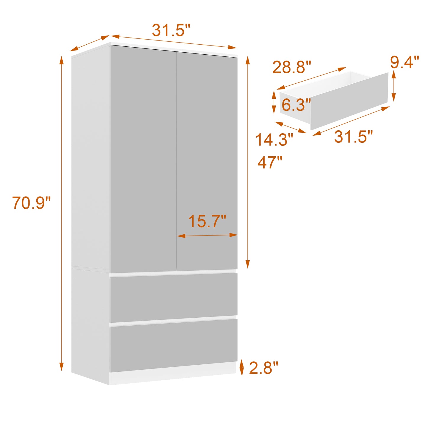 Wardrobe with Mirror Doors, White Bedroom Armoire with 2 Drawers, Hanging Rod, Mirrored Closet Modern Clothes Storage Cabinet for Guest Room Cloakroom, 31.5”W x 19.7”D x 70.9”H