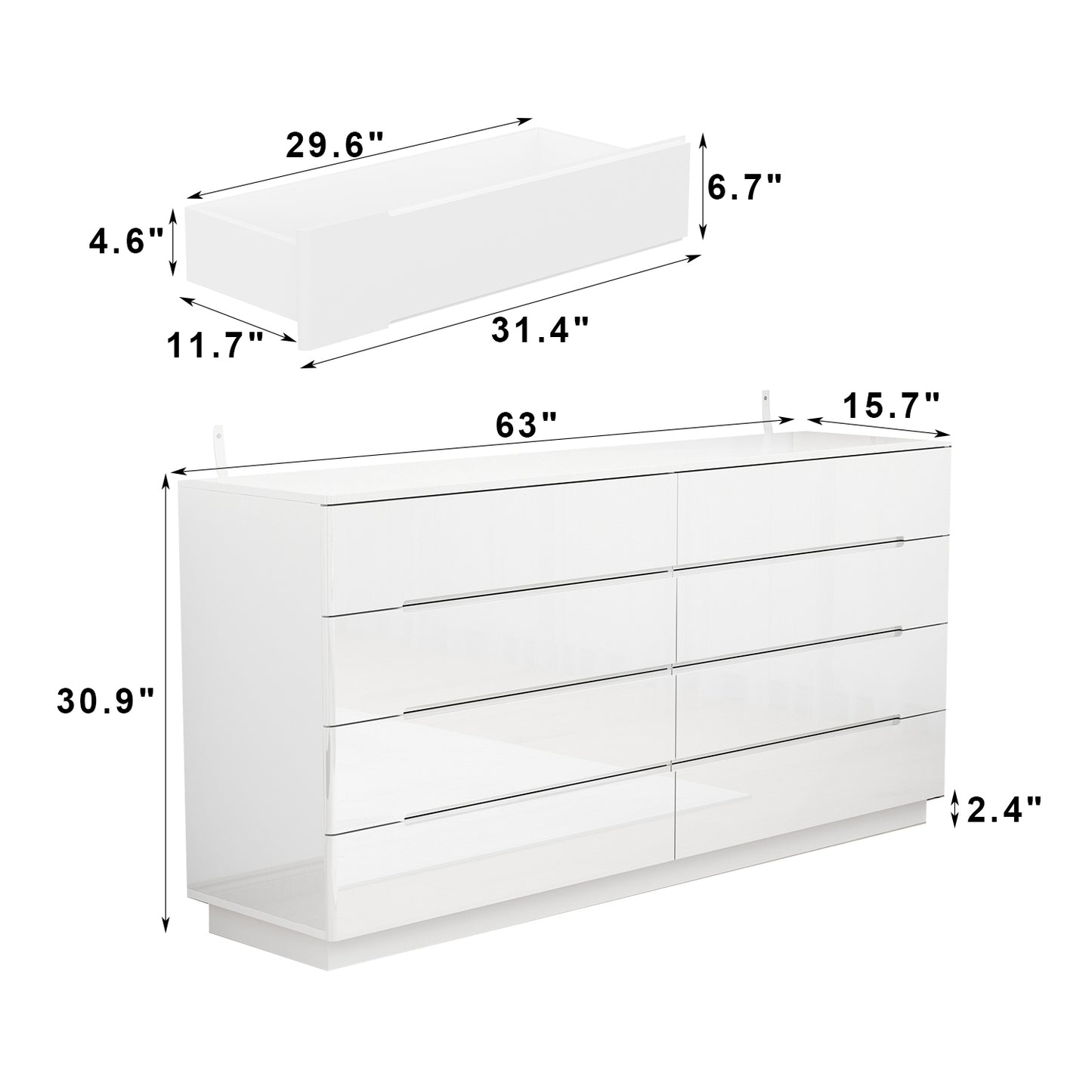 WIAWG High Gloss Dresser with Lights, Modern Glossy 8 Drawer Dresser with Curved Edge for Bedroom White