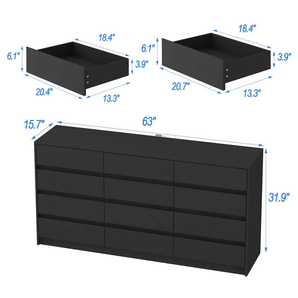 WIAWG 9 Drawer Dressers, Modern Large Dresser for Bedroom,Wooden Long Dresser Storage Chest of Drawers for Living Room Office,Black 63" W