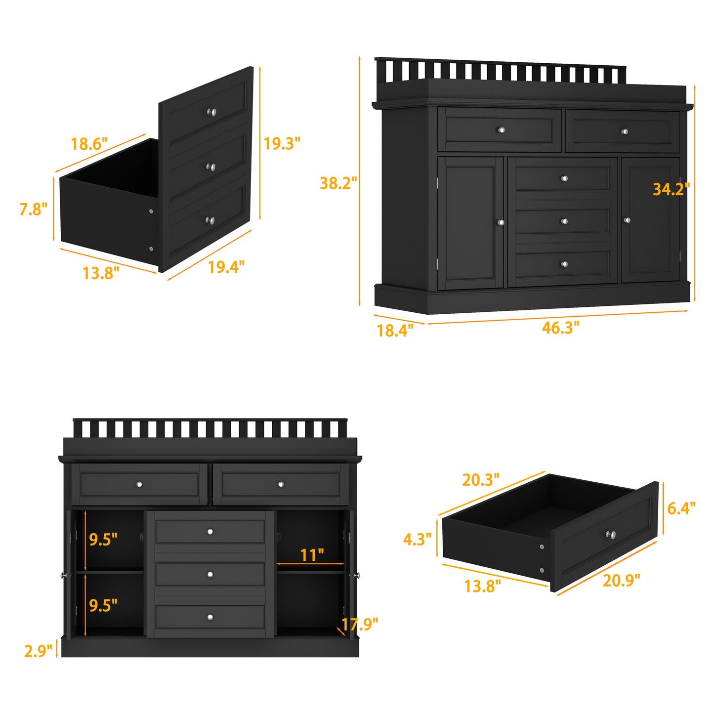 WIAWG Nursery Dresser with Changing Table Top, 46" W Baby Dresser with 2 Drawers,Storage Organize Station for Nursery and Baby Bedroom,Black
