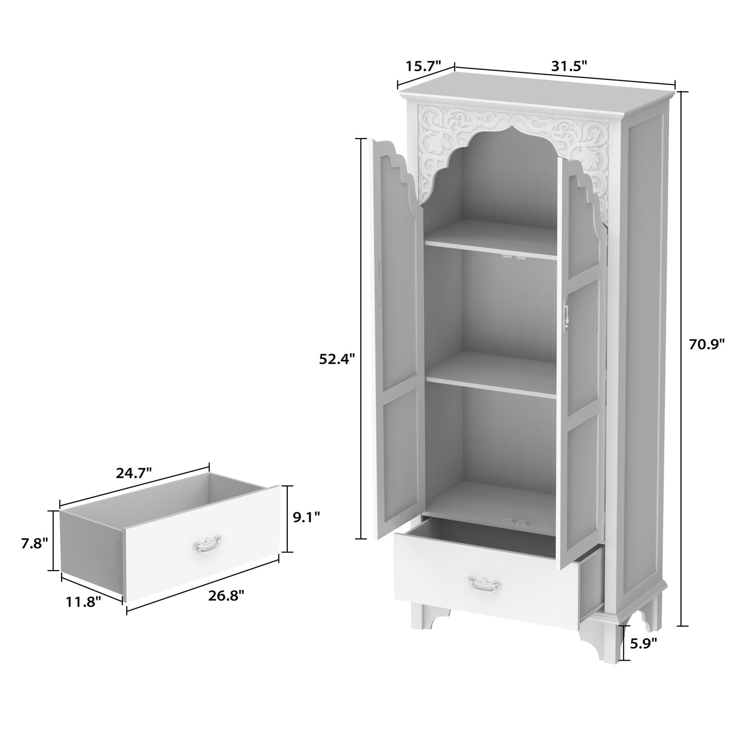 WIAWG Carved Storage Cabinet with 2 Glass Doors & Drawer, Pooja Mandir with 3-Tier Shelves, Decorative Cabinet Display Cabinets for Living Room White and Walnut,70.9”H