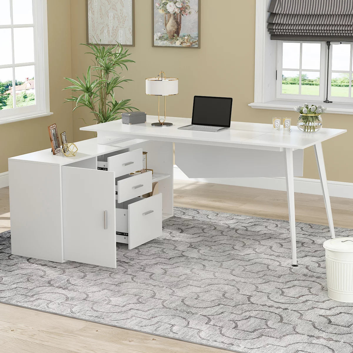 WIAWG L Shaped Desk with Drawers and Shelves Office Computer Desk with Storage White 63"