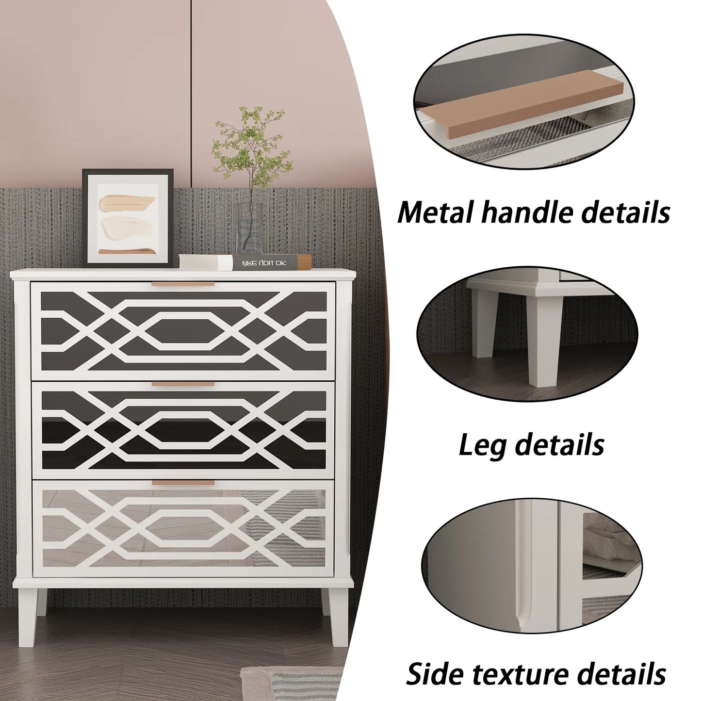 WIAWG Accent Table Decorative Mirrored End Table with 3 Drawer for Living Room