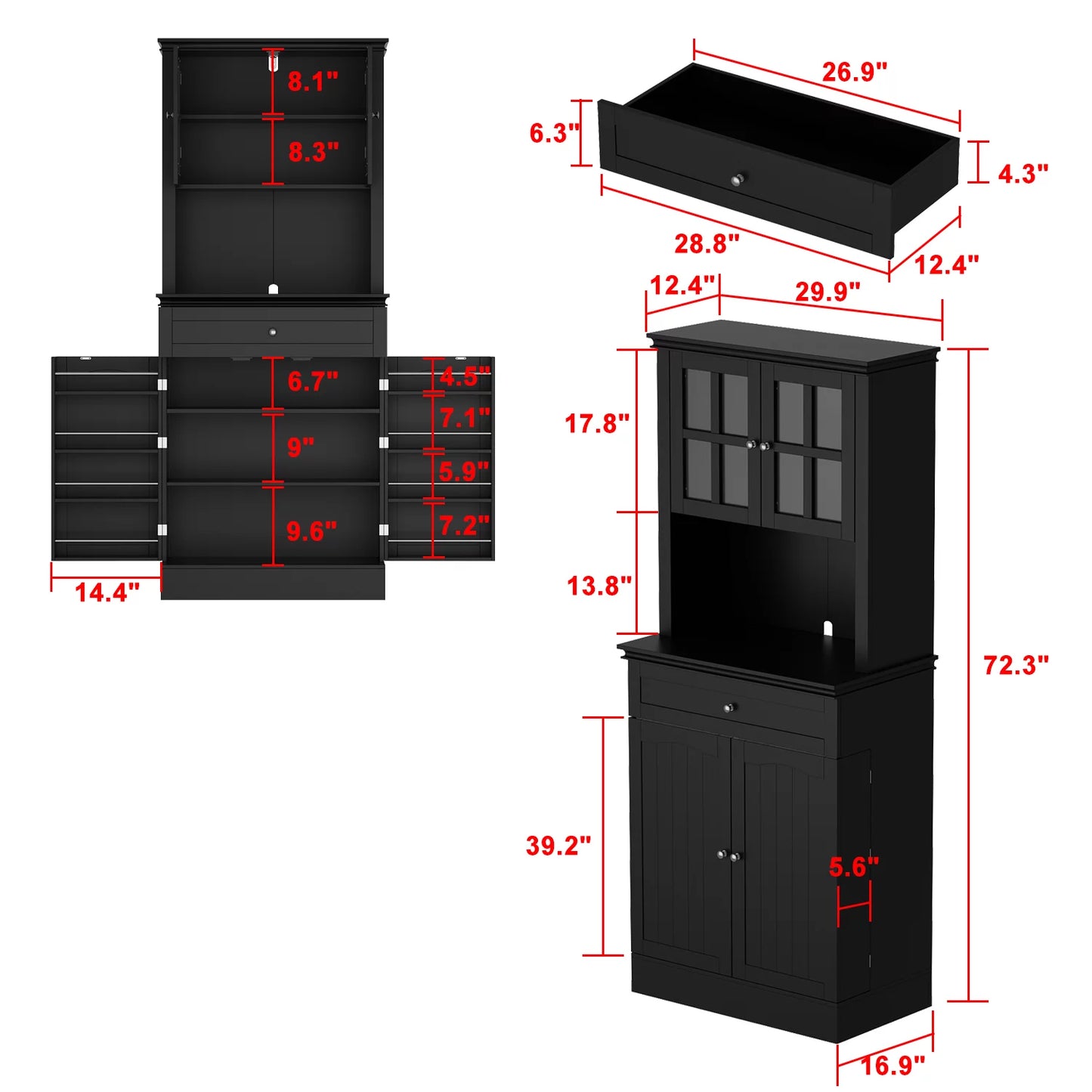 WIAWG Kitchen Pantry Storage Cabinet with Hutch and Acrylic Glass Door in Black