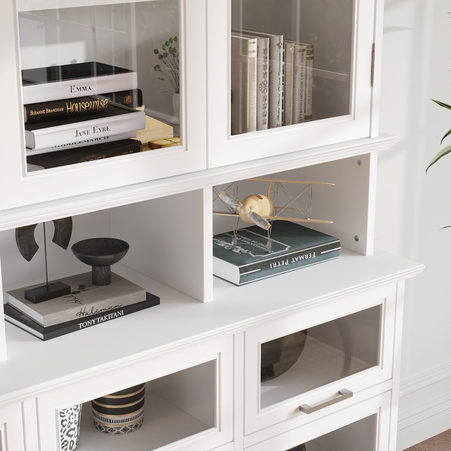WIAWG 63" W China Cabinets with 12 Drawers, Modern Bookshelves and Bookcases, Glass Display Cabinet with Storage Cubes&Shelves for Living Room,Home Office,White