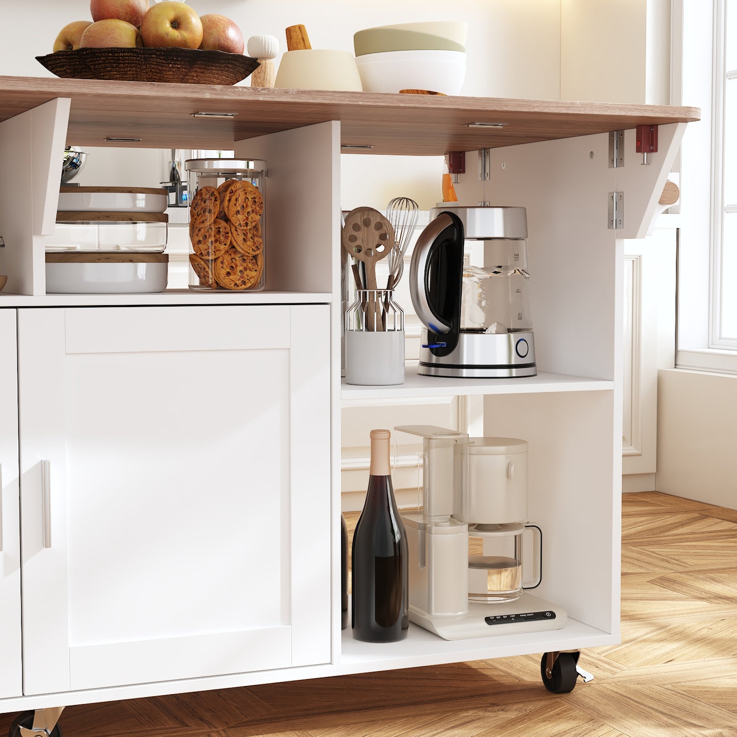 WIAWG Large Kitchen Island Table with Drop Leaf and Storage, 71" Kitchen Rolling Carts on Wheels, Portable Movable Farmhouse Island Table with Drawers for Dining Room,White & Light Brown